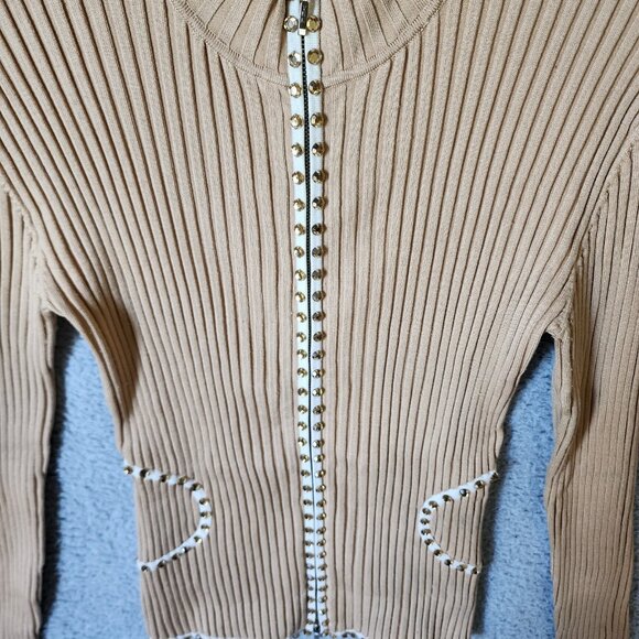 Vtg Y2K Cache Women's L Long Sleeve Zip Up Ribbed Stretch Top Rhinestones Beige - Picture 3 of 12